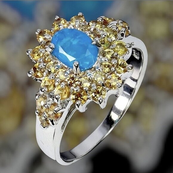 925 Sterling Silver Ring 8.25 with Natural Blue Opal 7x5mm & Sapphire Gemstone - Picture 1 of 4
